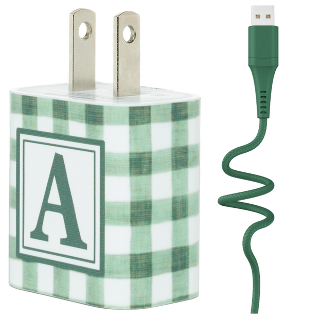 Green Gingham Phone Charger Letter Set - Classy Chargers