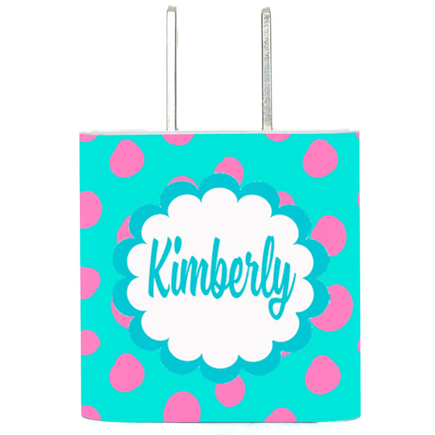 Monogram Pink Blue Dot Phone Charger - Classy Chargers
