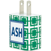 Monogram Green Squares Phone Charger - Classy Chargers