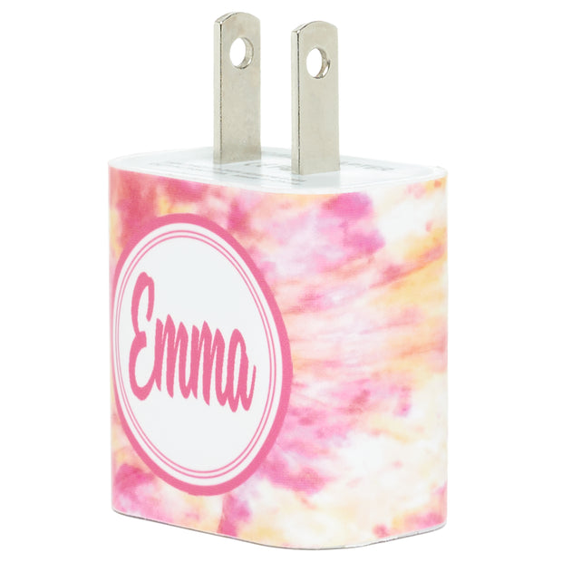 Monogram Pink Tie Dye Phone Charger - Classy Chargers