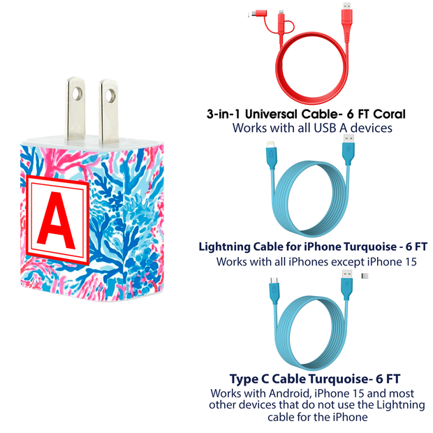 Blue Coral Phone Charger Letter Set