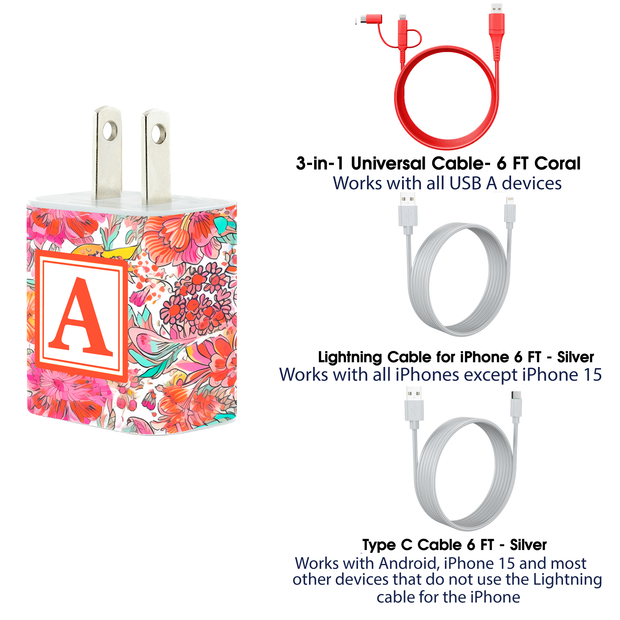 Coral Floral Swirl Phone Charger Letter Set