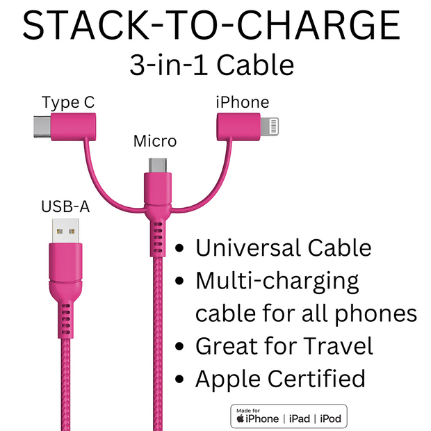 Stack-in-Charger in USB Hot Pink Cable -Classy Chargers