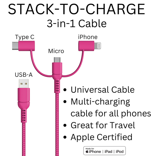 Stack-to-Charge 3-in-1 USB Cable - Hot Pink
