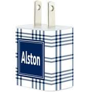 Monogram Navy Plaid Phone Charger - Classy Chargers