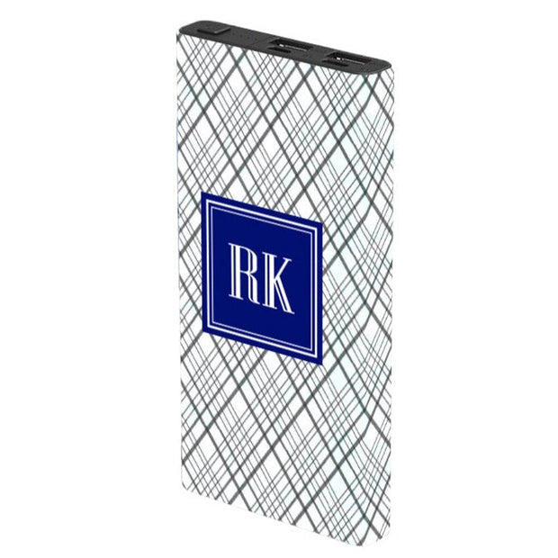 Monogram Silver Plaid Power Bank - Classy Chargers
