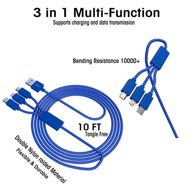 3 in 1 Cable Bend Blue Durability - Classy Chargers