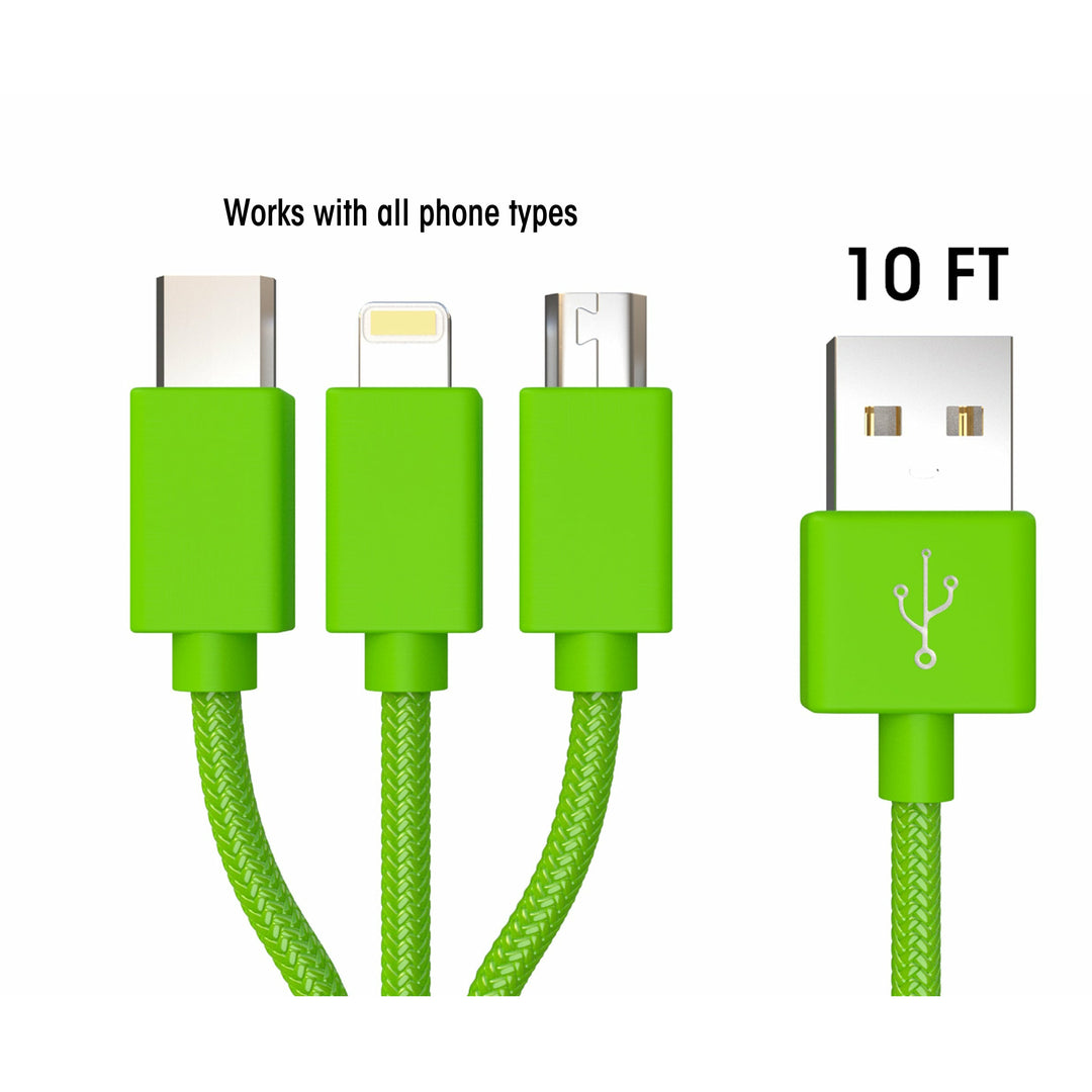Lime Green 10 FT Long 3-in-1 USB Cable - Classy Chargers