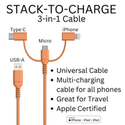 Stack-to-Charge 3-in-1 USB Cable - Tangerine