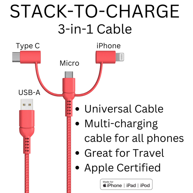 Stack-to-Charge 3-in-1 USB Cable - Coral