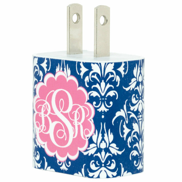 Monogram Blue Damask Phone Charger - Classy Chargers