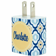 Monogram Blue Yellow Quatrefoil Phone Charger Yellow Frame- Classy Chargers
