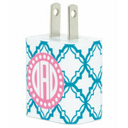Monogram Blue Lace Lattice Phone Charger - Classy Chargers