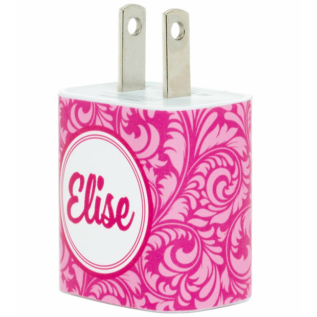 Monogram Hot Pink Floral Swirl Phone Charger - Classy Chargers