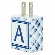 Monogram Navy Silver Plaid Phone Charger - Classy Chargers